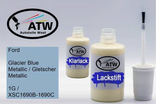 Ford, Glacier Blue Metallic / Gletscher Metallic, 1G / XSC1690B-1690C: 20ml Lackstift + 20ml Klarlack - Set, von ATW Autoteile West.